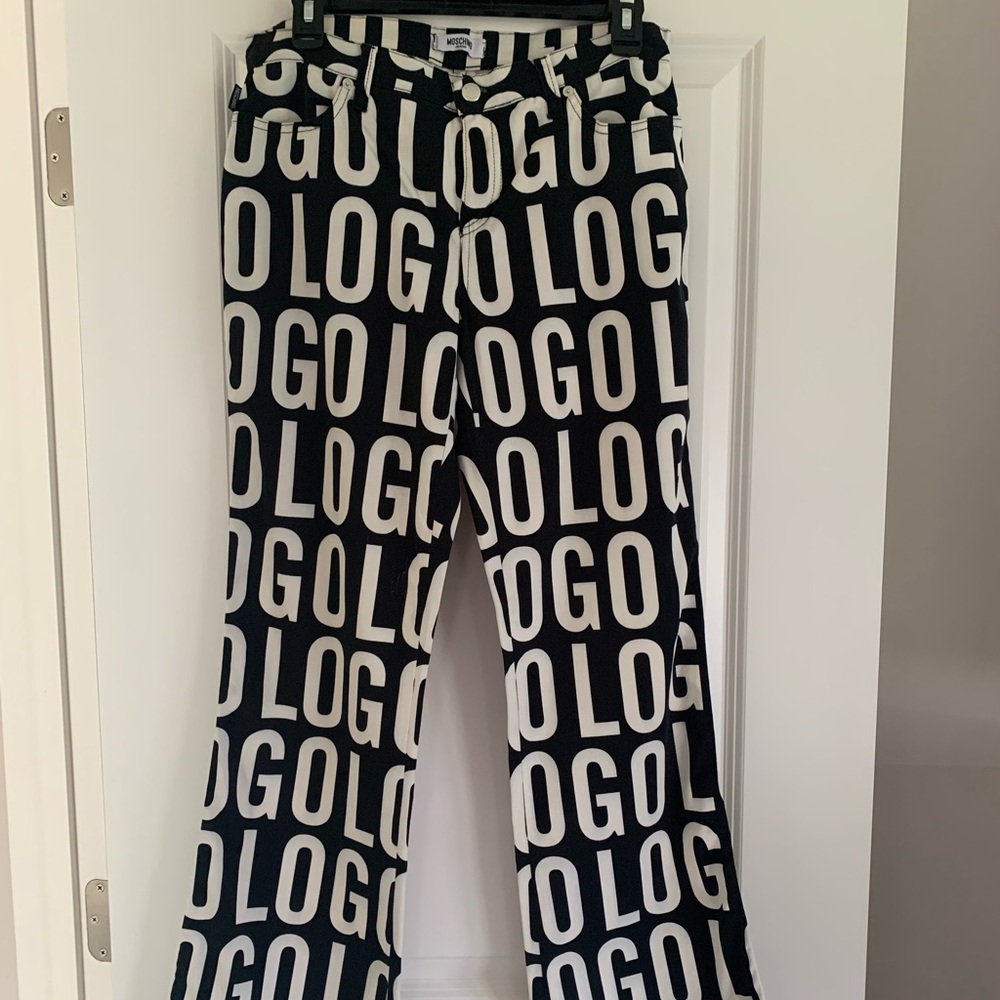 Women's Vintage 90s Moschino Jeans
Black White Logo Print Pants.